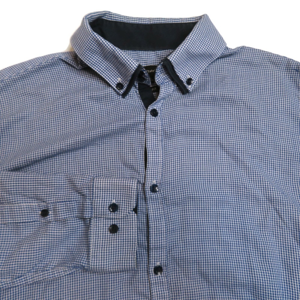 Cedar Wood State Mens Houndstooth Button Down Shirt Blue White 15.5 Slim Medium